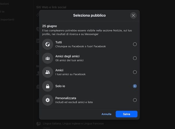 Togliere data di nascita Facebook Web