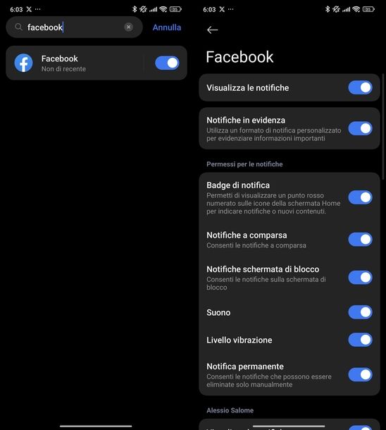 Attivare notifiche app Facebook Xiaomi