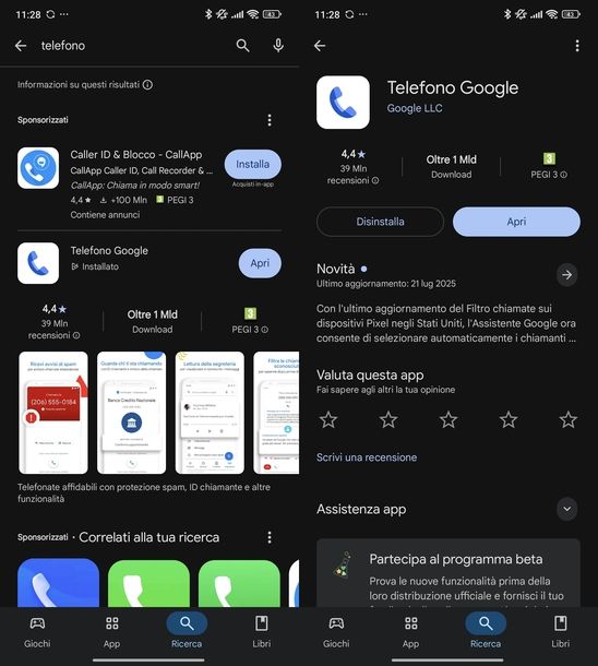 Aggiornare app Telefono Google Android