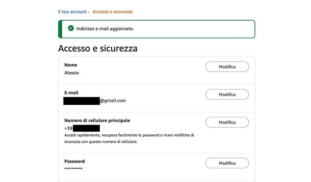 Cambiare indirizzo email Amazon Web