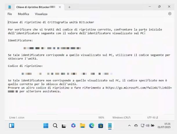 come recuperare chiave BitLocker