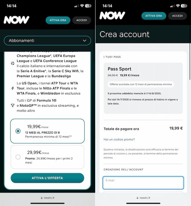 Registrarsi su NOW da smartphone