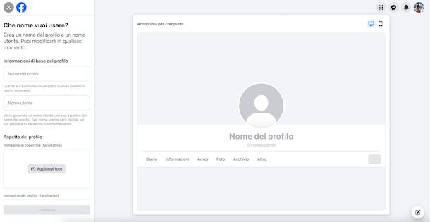 Creare secondo profilo Facebook da computer