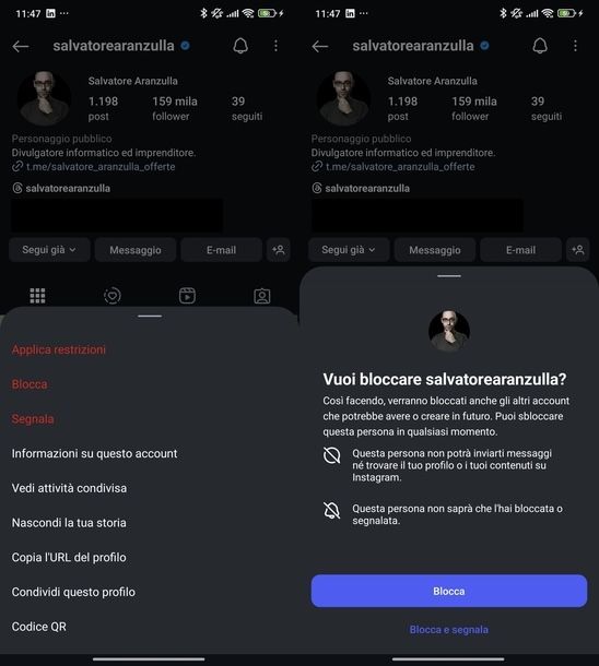 Bloccare utente Instagram Android