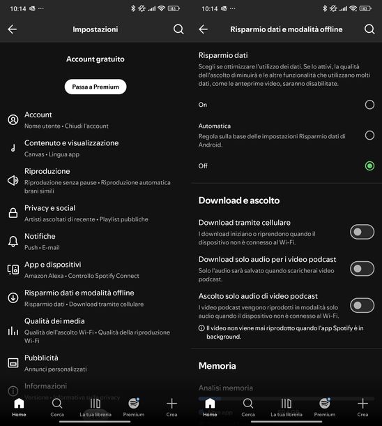 Disattivare risparmio dati Spotify