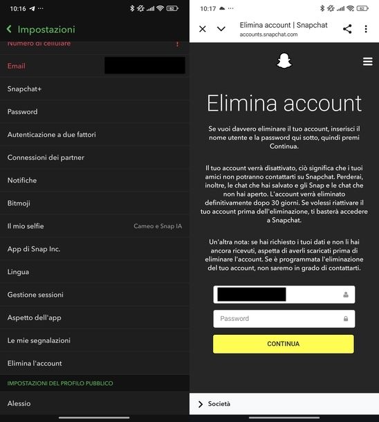 Eliminare account Snapchat Android