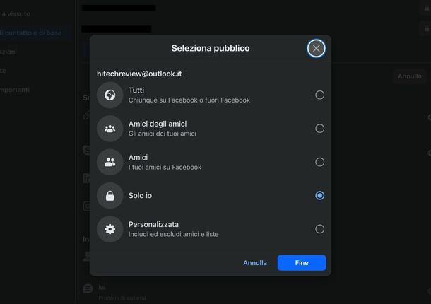 Cambiare email Facebook computer