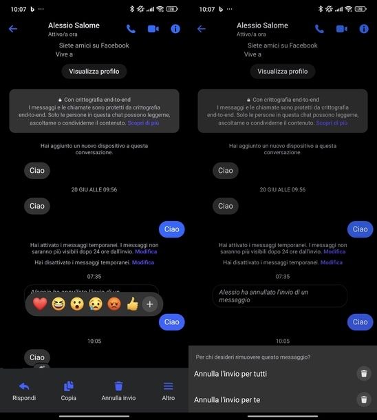 Annullare invio messaggi Messenger Android