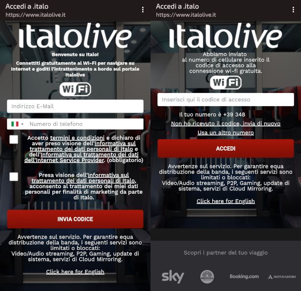 schermate registrazione WiFi Italo da smartphone