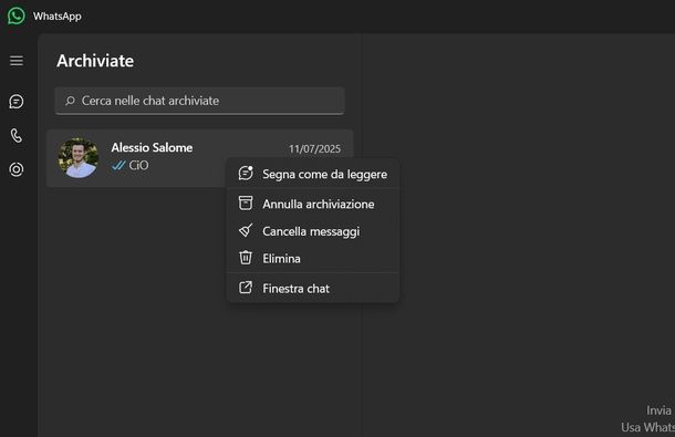 Togliere chat archiviata WhatsApp Windows