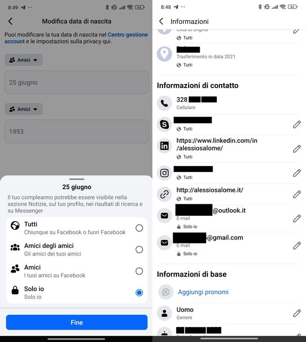 Togliere data di nascita Facebook Android