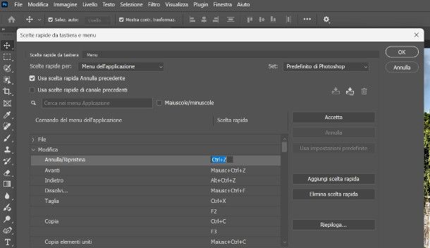 personalizzazione scorciatoie da tastiera su Photoshop