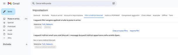 indirizzi bloccati e filtri Gmail