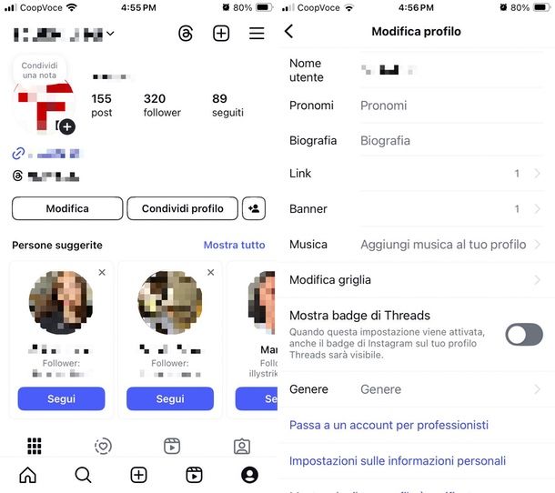 togliere badge thread su Instagram bio