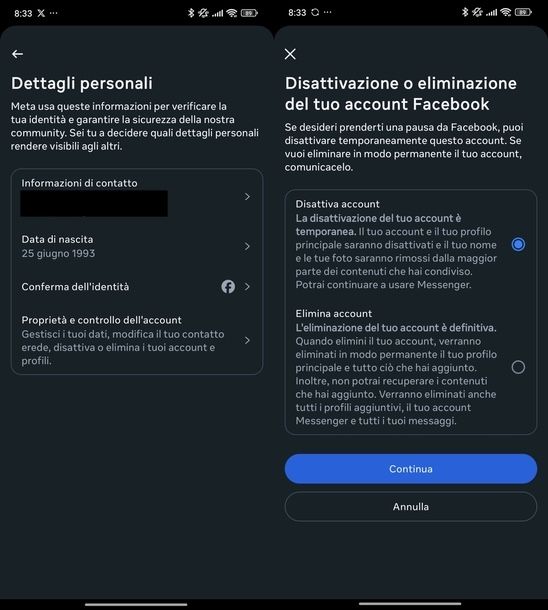 Disattivare account Messenger Android