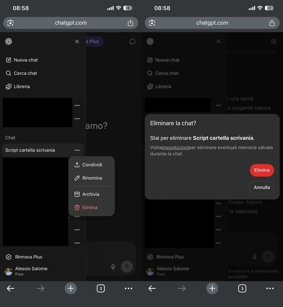 Eliminare conversazione ChatGPT Web mobile