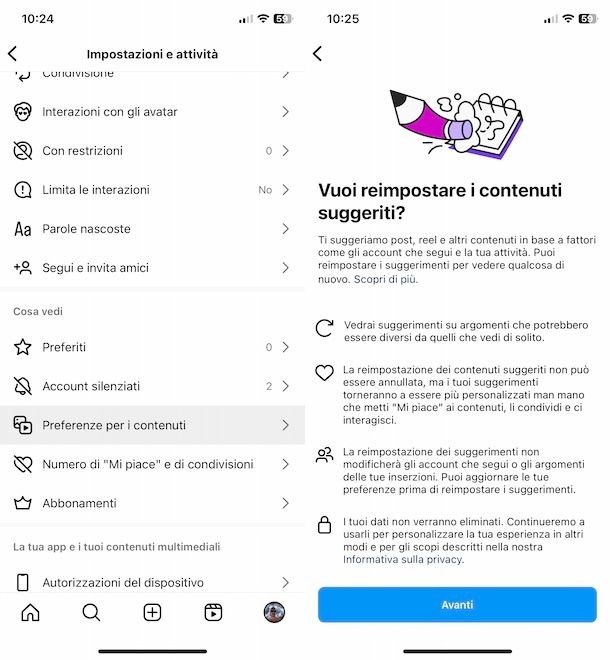 Resettare algoritmo Instagram