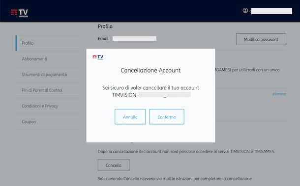Cancellare account TIMVISION