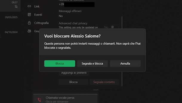 Bloccare numero WhatsApp Windows