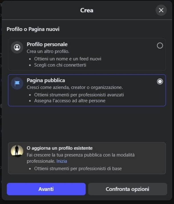 Crea pagina Facebook
