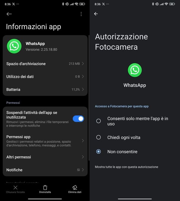 Revocare permessi WhatsApp Android