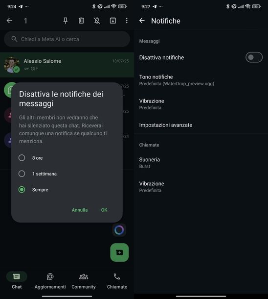 Disattivare notifiche WhatsApp Android