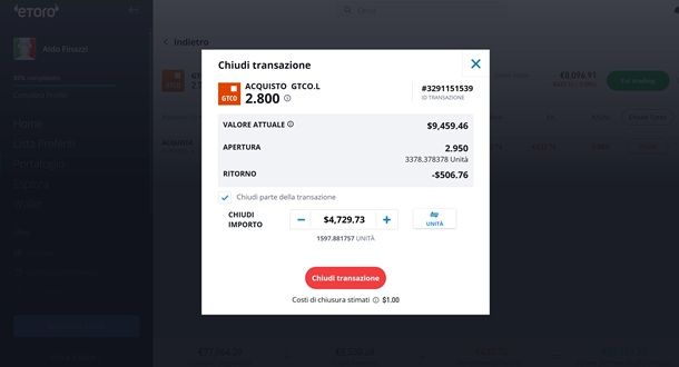 chiudere transazione etoro