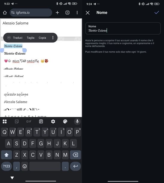 Cambiare carattere nome Instagram