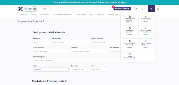 interfaccia online Yuxme Forfettario Facile Light