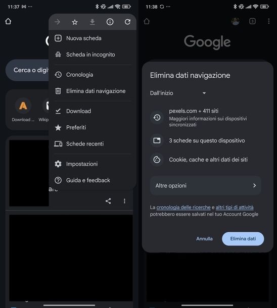 Eliminare dati navigazione Google Chrome Android