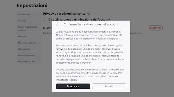 Disattivare un account Roblox