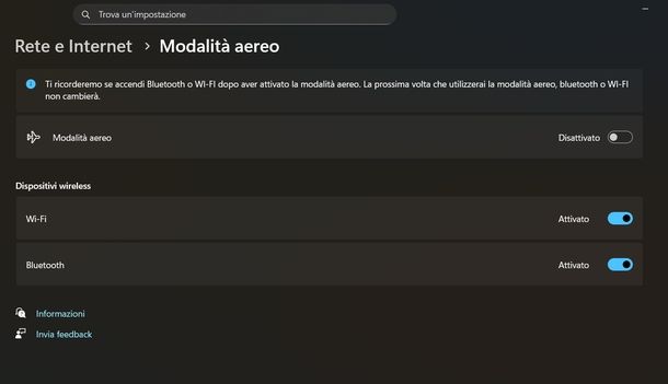 Togliere modalità aereo impostazioni Windows