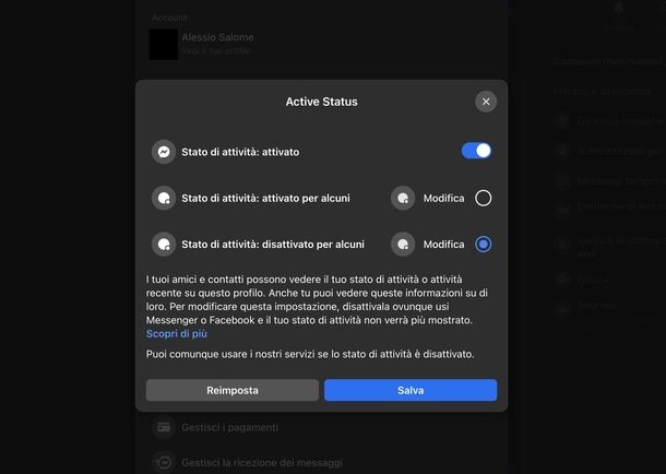 Disattivare Stato di attività una sola persona Messenger Web