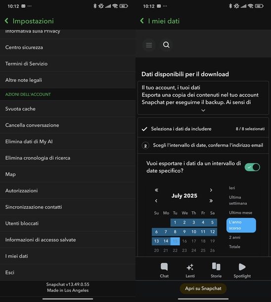 Backup dati account Snapchat