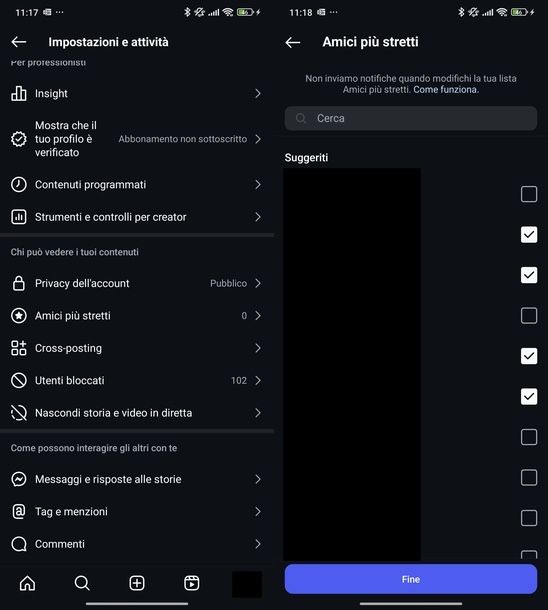 Lista Amici stretti Instagram Android