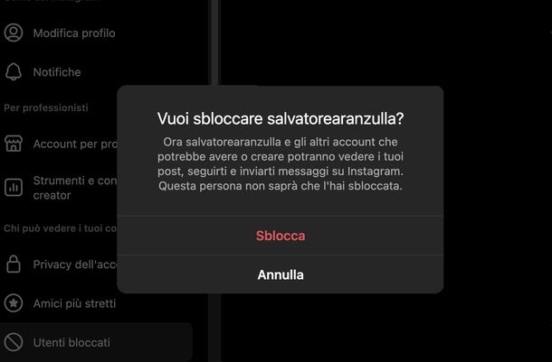 Sbloccare persona Instagram Web