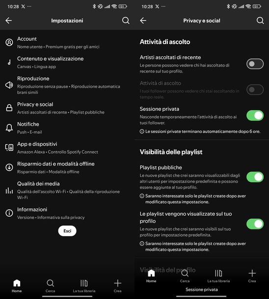 Attivare Sessione privata Spotify Android