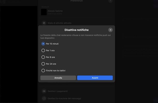 Disattivare notifiche Messenger Web