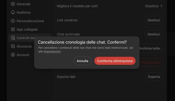 Eliminare tutte le chat ChatGPT Web