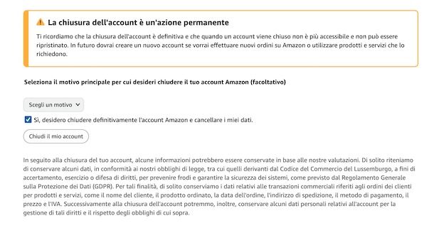 Chiudere account Amazon