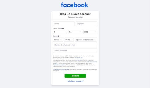 Creare account Facebook da computer