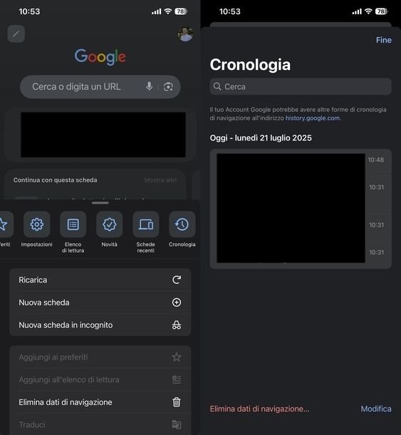 Vedere cronologia navigazione Google Chrome iOS