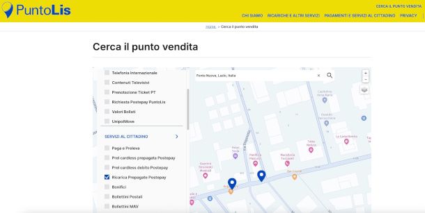 ricerca punto vendita puntolis su mappa