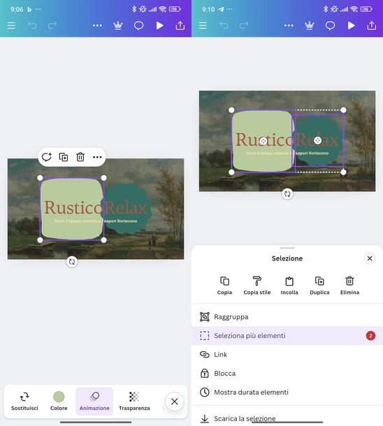 Selezionare più elementi Canva Android