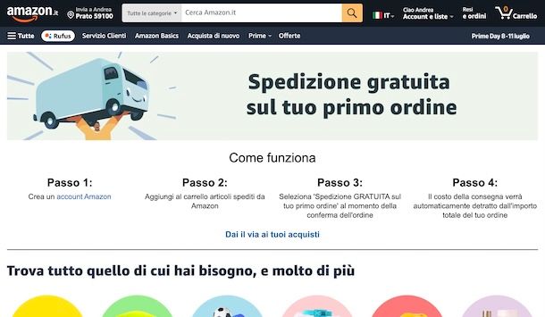 Spedizione Amazon gratis sul primo ordine