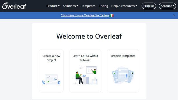 Pagina di benvenuto di Overleaf