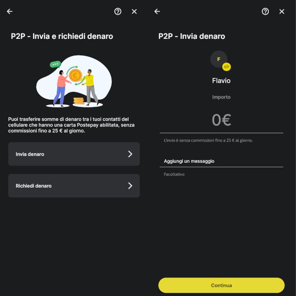 trasferimento P2P su app Poste Italiane