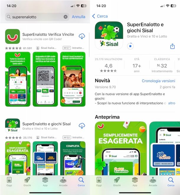 App SuperEnalotto e giochi Sisal