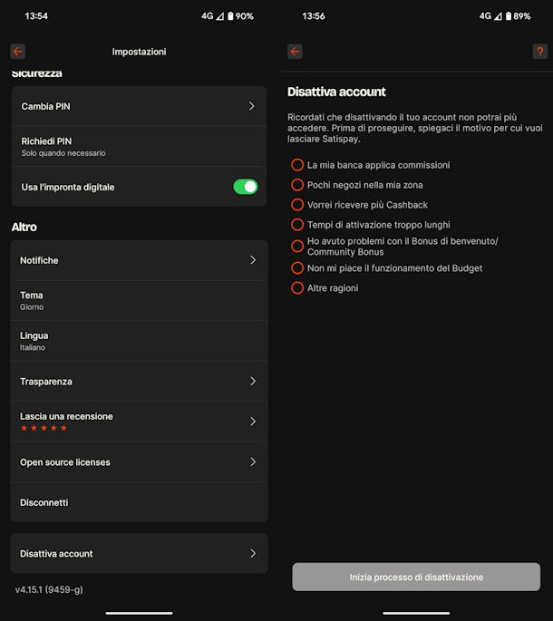 Disattivare account Satispay