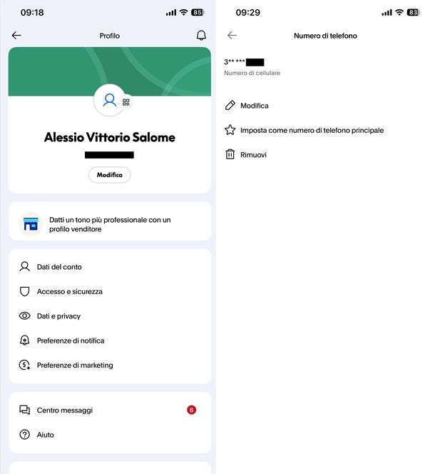 Cambiare numero di telefono PayPal app
